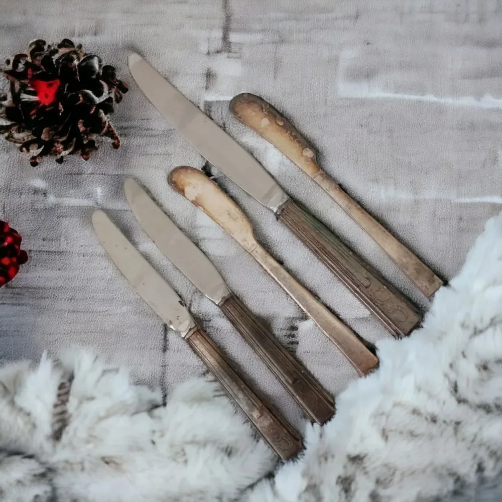 Vintage Sheraton Hotel Flatware Silver Plate‎ Logo Knives Knife Set Of 5 Mixed.